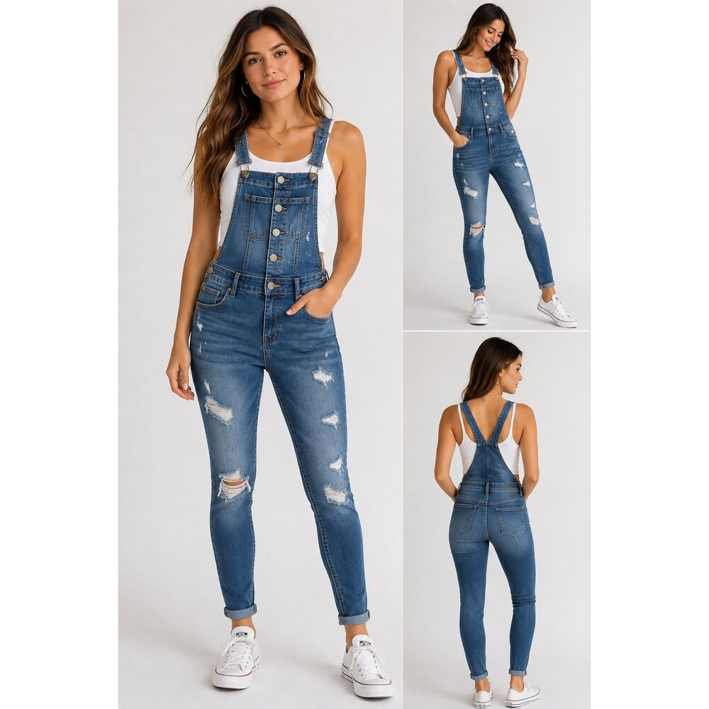 Aeropostale Women's Size 0 Distressed Denim Overalls Skinny Jeans Blue Stretch